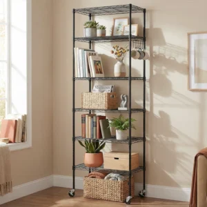 Hipson 6-Shelf Adjustable Storage Shelving Unit Steel Organizer Wire Rack with Lockable Wheel Casters, Hook